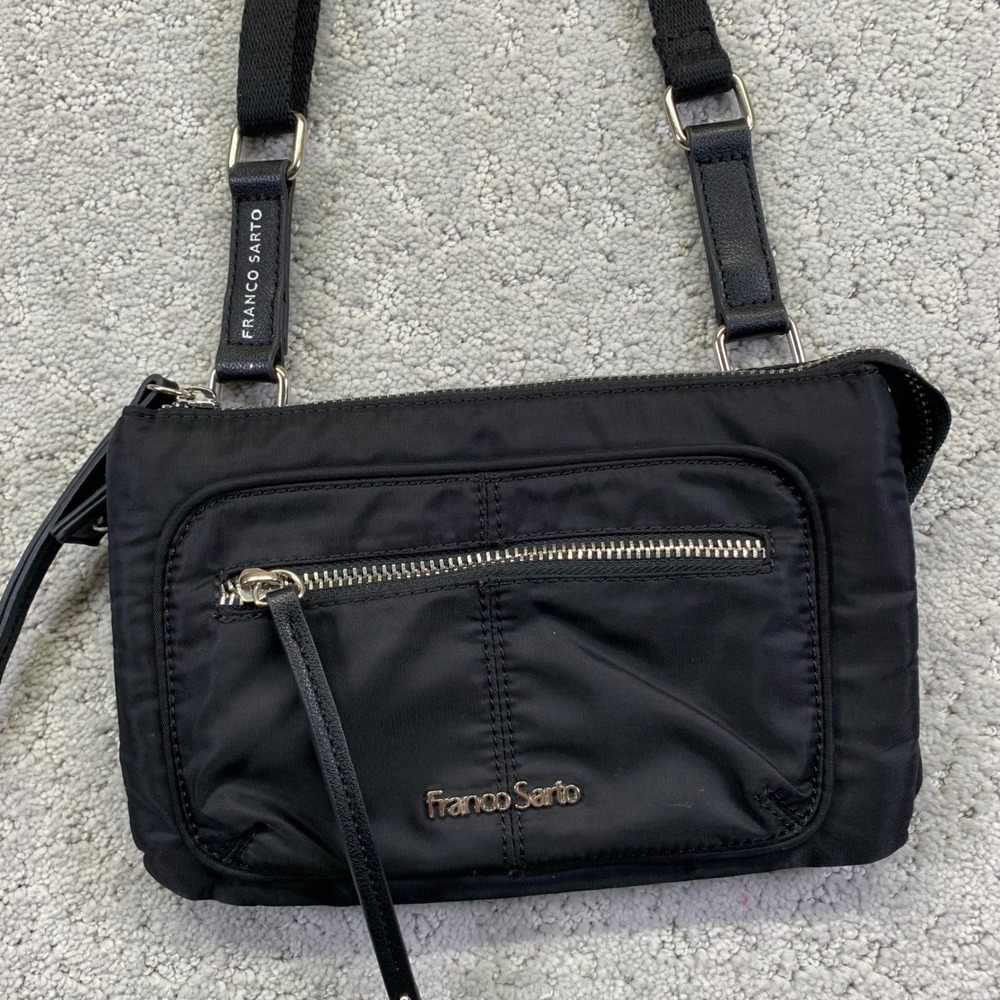 Franco Sarto Black Nylon Crossbody Bag Adjustable Strap Zip Pockets‎ Vinyl Trim